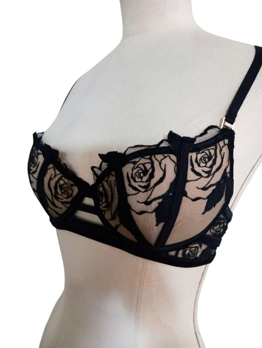 Pleasure State Eden Rose Demi-Bra Black Sketched Rose Embroidery Size 32D NWT